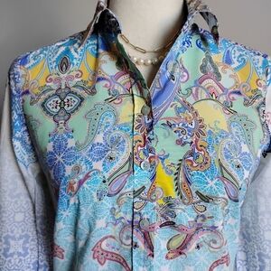 Eterna European Cotton Colorful Print Paisley Ombre Button Up Shirt Size 6